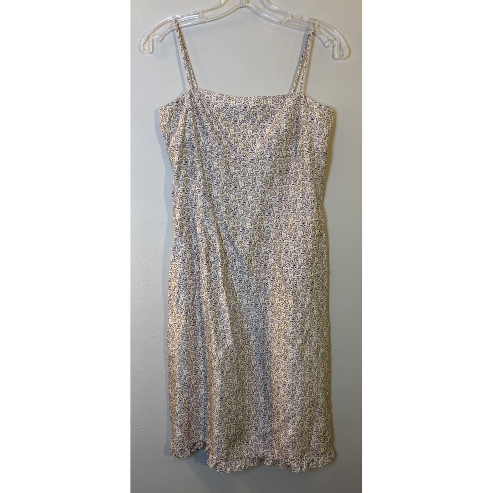 VTG ANN TAYLOR Light Green & Purple Ditzy Floral Silk Dress‎ 2 Ruffle Hem